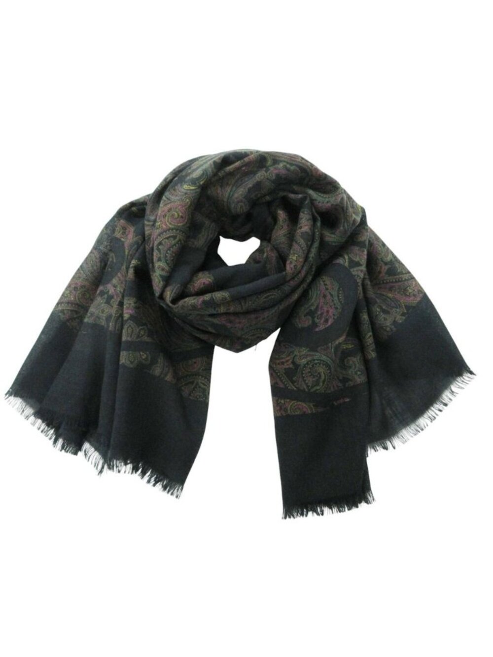 Chanel Scarf Large Shawl Silk Cashmere CC Logo Paisley Pattern Black